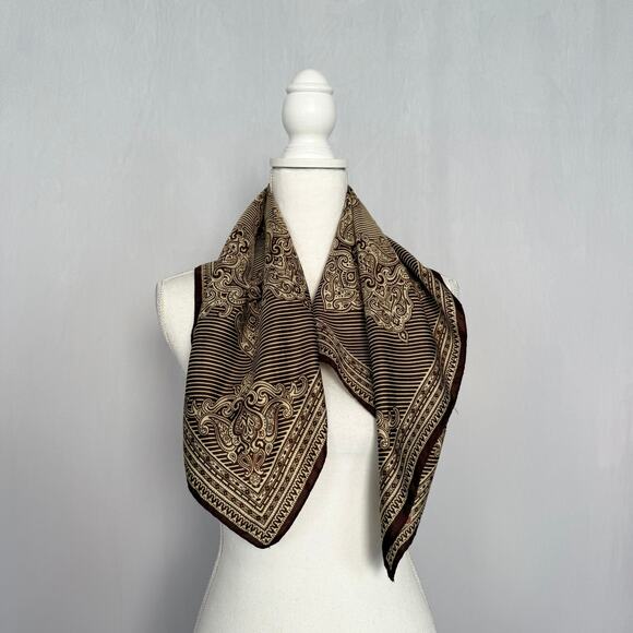 Vintage 70s Glentex Brown Cream Square Scarf, 26x26 - Picture 3 of 7